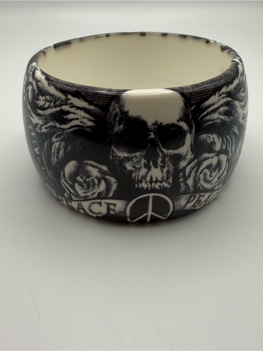 Ed Hardy Hope Peace Skull Rose Wide Bangle Bracelet Black White Y2K Tattoo